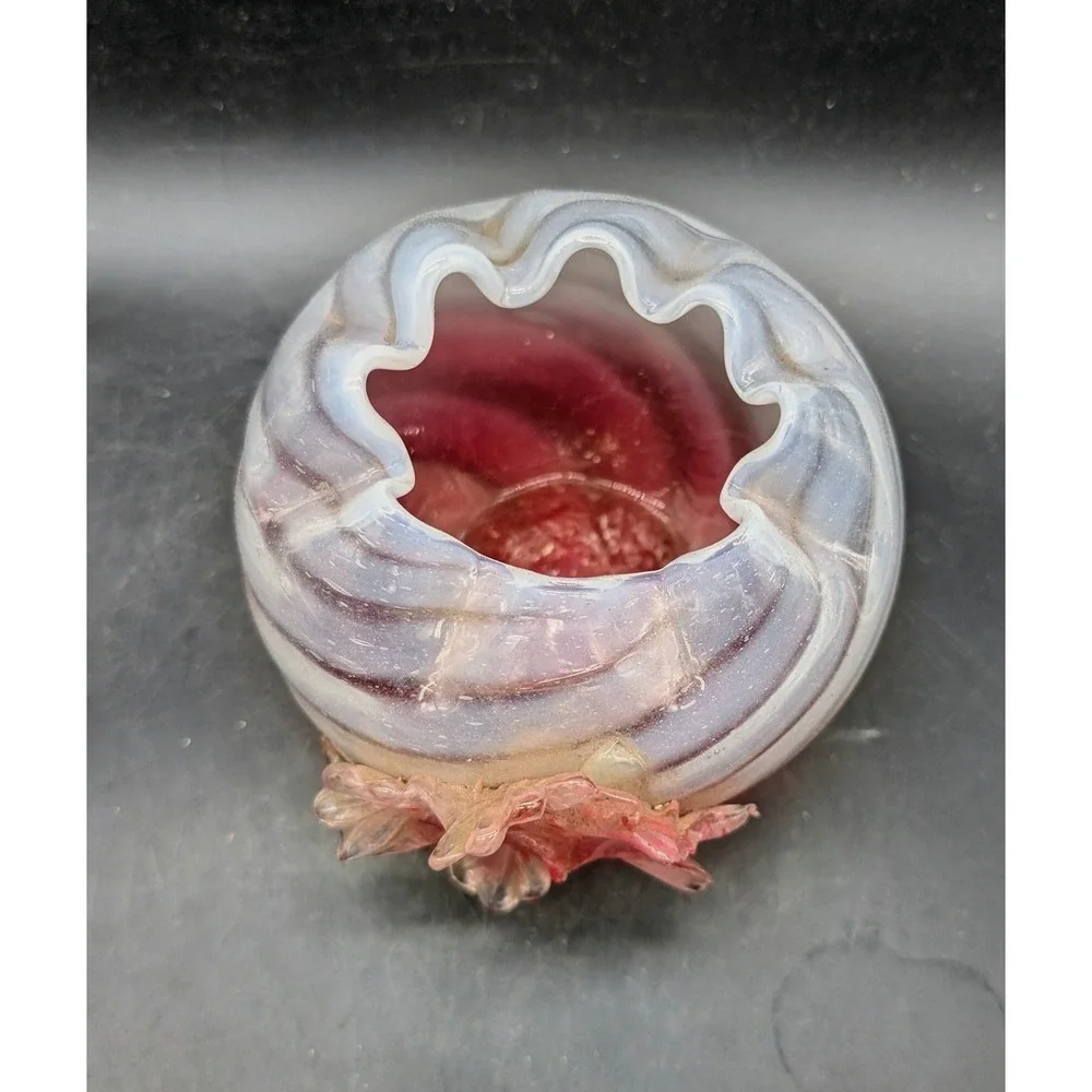Uranium Glass Applied Flower Rose Bowl Opalescent Cranberry Swirl UV Glow 4.5